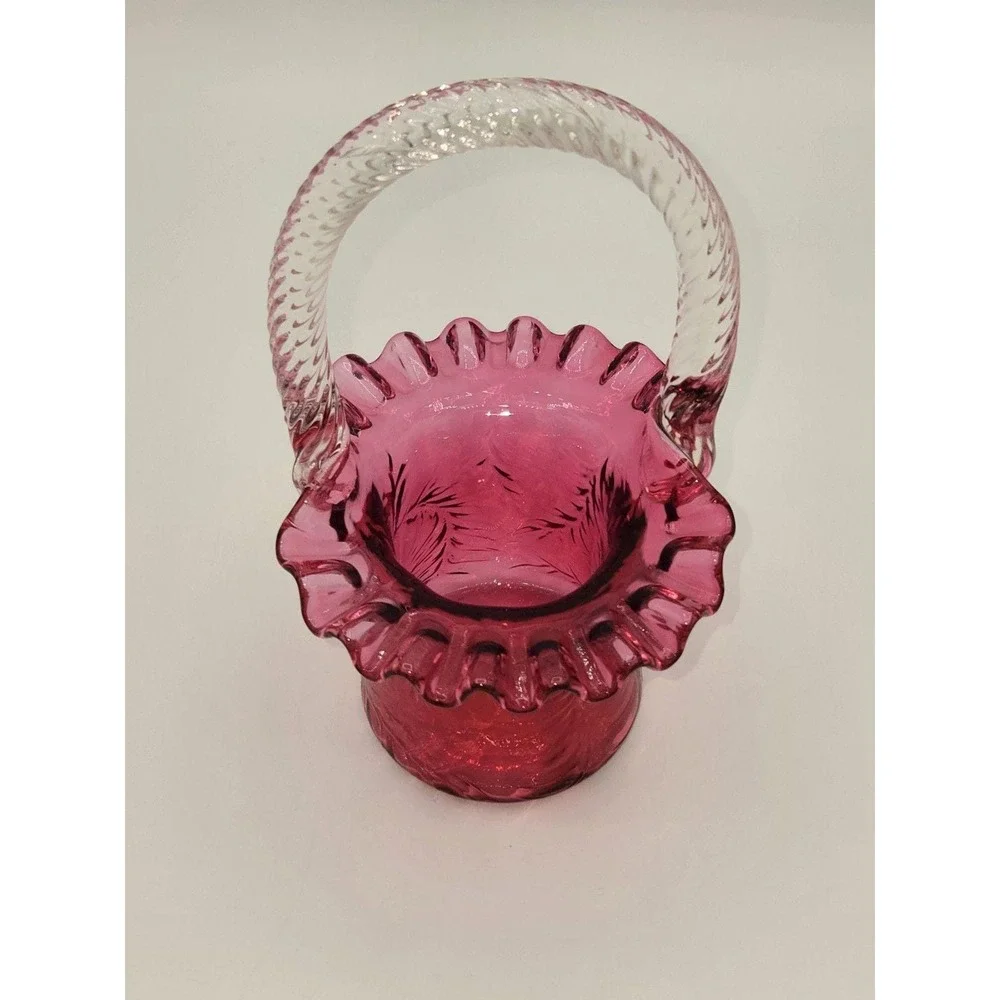 Fenton Glass Vintage Cranberry Fern‎ Ruffled Edge Hat Basket